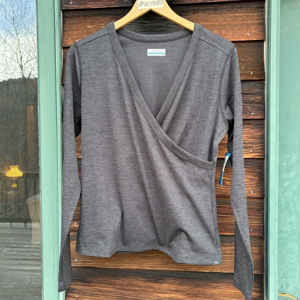 NWT! Columbia Gray Knit Surplice Ballet Wrap Activewear Long Sleeve Top Large - Picture 1 of 5